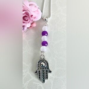 Purple and White Glass Beaded Hamsa Pendant  Sterling Silver Necklace